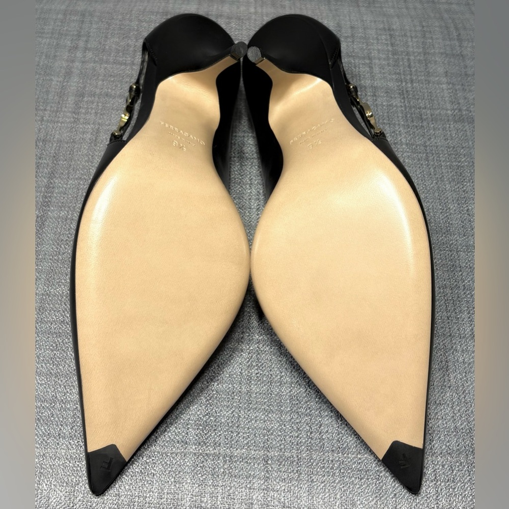 Ferragamo Tulip Pointed Toe Pump Black Leather Size 9.5 - Picture 6 of 8